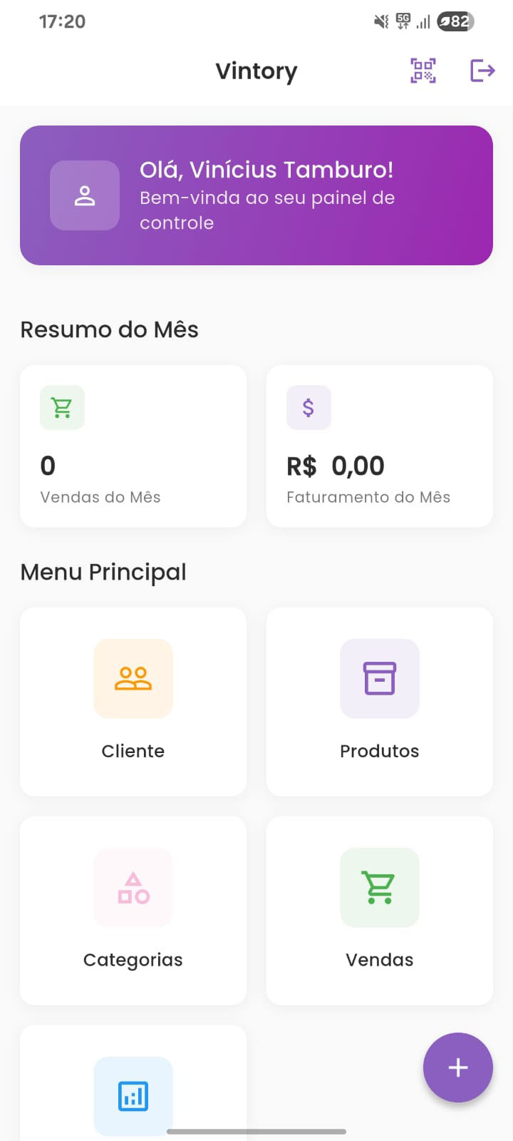 Dashboard do app Vintory