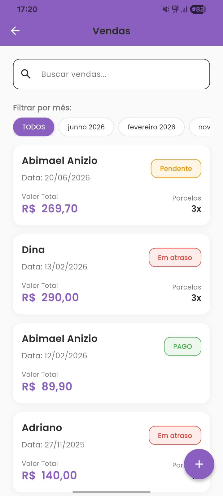 Lista de vendas no Vintory